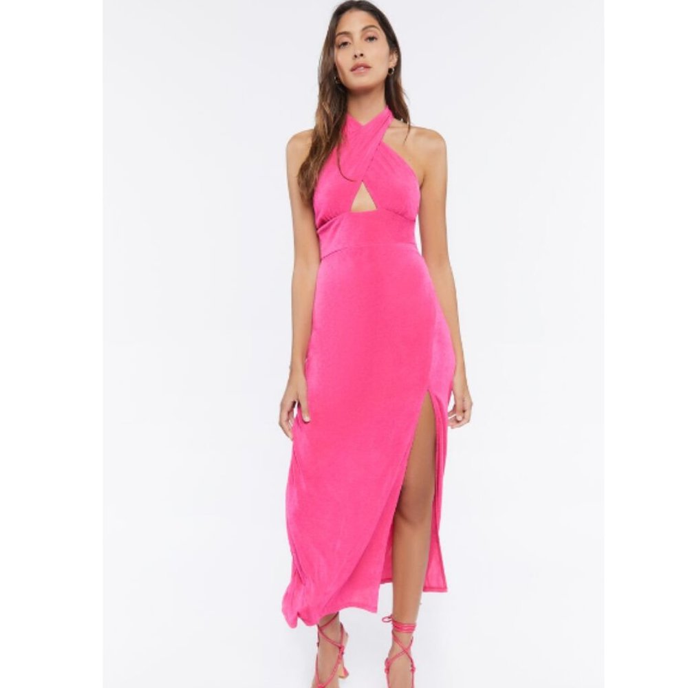 Forever 21 Crisscross Midi Halter Dress Shocking Pink M